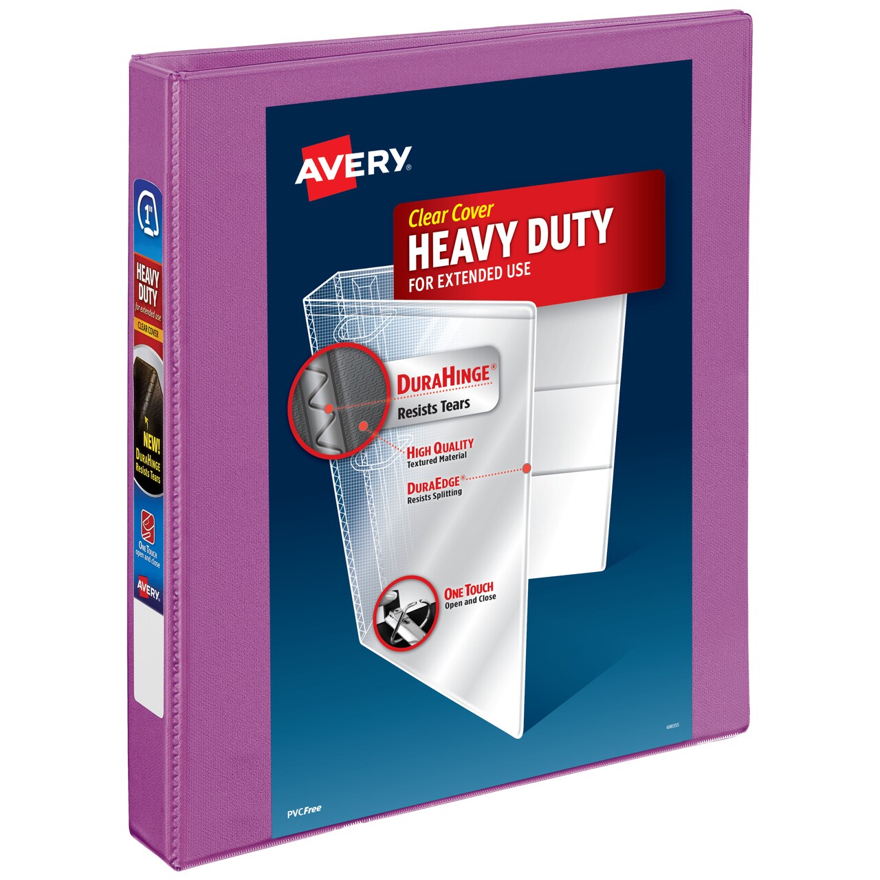 Avery Heavy-Duty View 3 Ring Binder, 1 Inch One Touch Slant Rings, 250-Sheet Capacity, DuraHinge, 1.4 Inch Wide Spine, Customizable Clear Cover and Spine, 1 Orchid Purple Binder (79449)